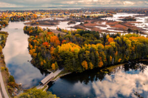 Aerial drone image of Island Park fall color 