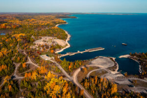 Drone aerial view image of the fall color at Rockport State Recreation Area